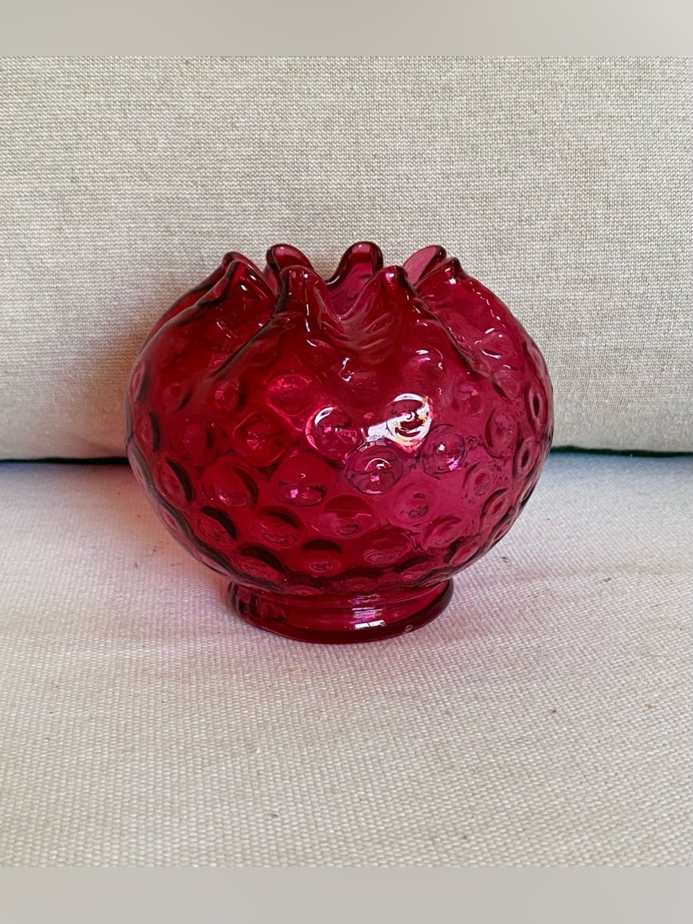 Vintage Fenton Cranberry Inverted Hobnail Glass Ruffled Rose Bowl Vase